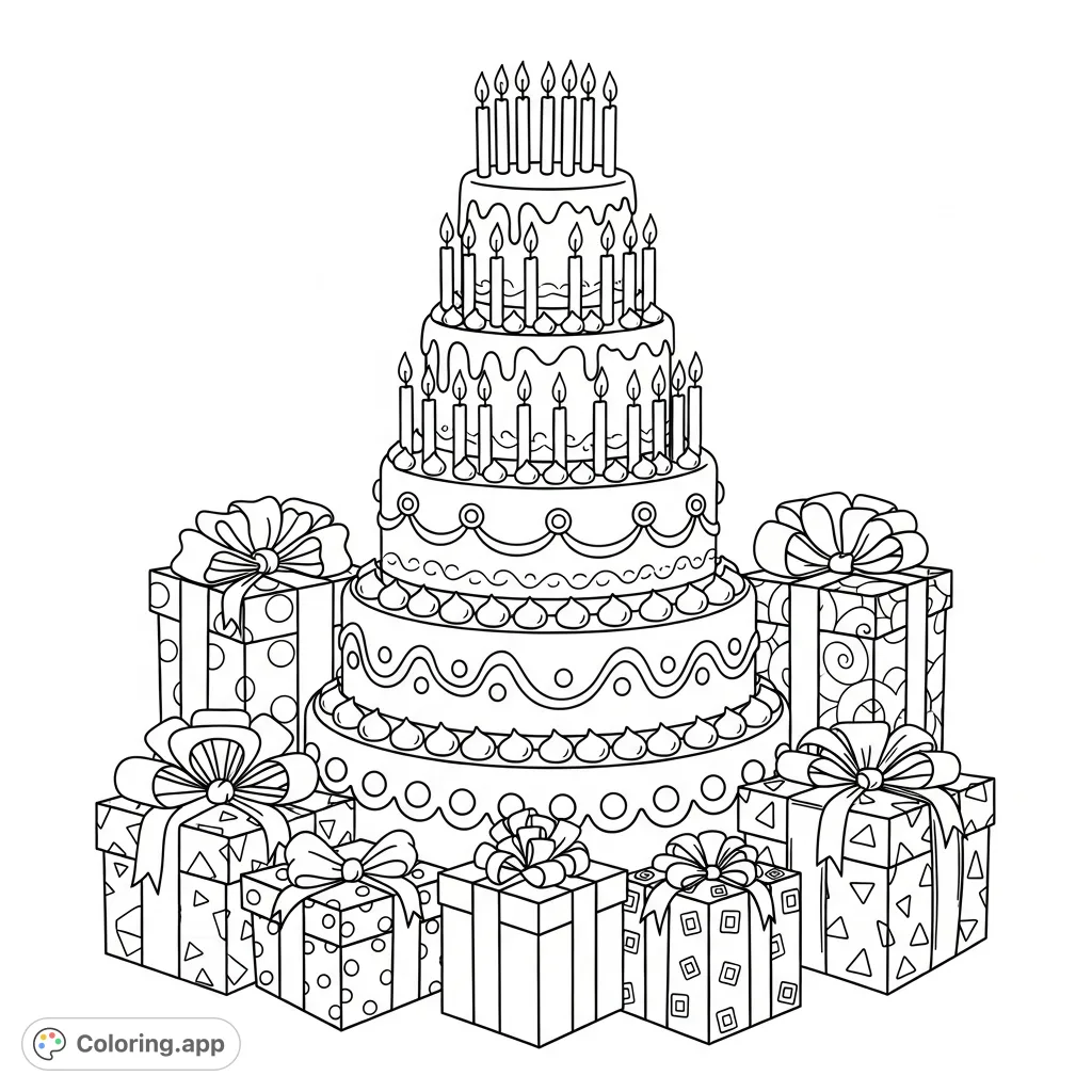 A delightful birthday cake coloring page featuring a multi-tiered cake with candles, surrounded by beautifully wrapped presents. Perfect for celebrations!