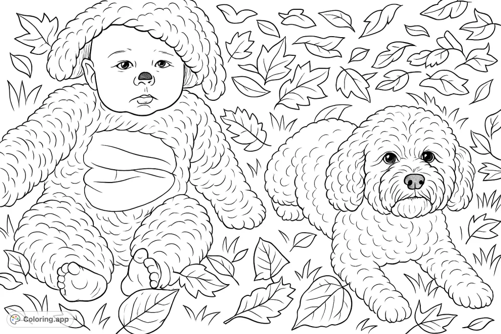 An adorable baby in a fluffy animal costume sits next to a curly-haired dog on a leaf-strewn lawn. A heartwarming scene for all ages.