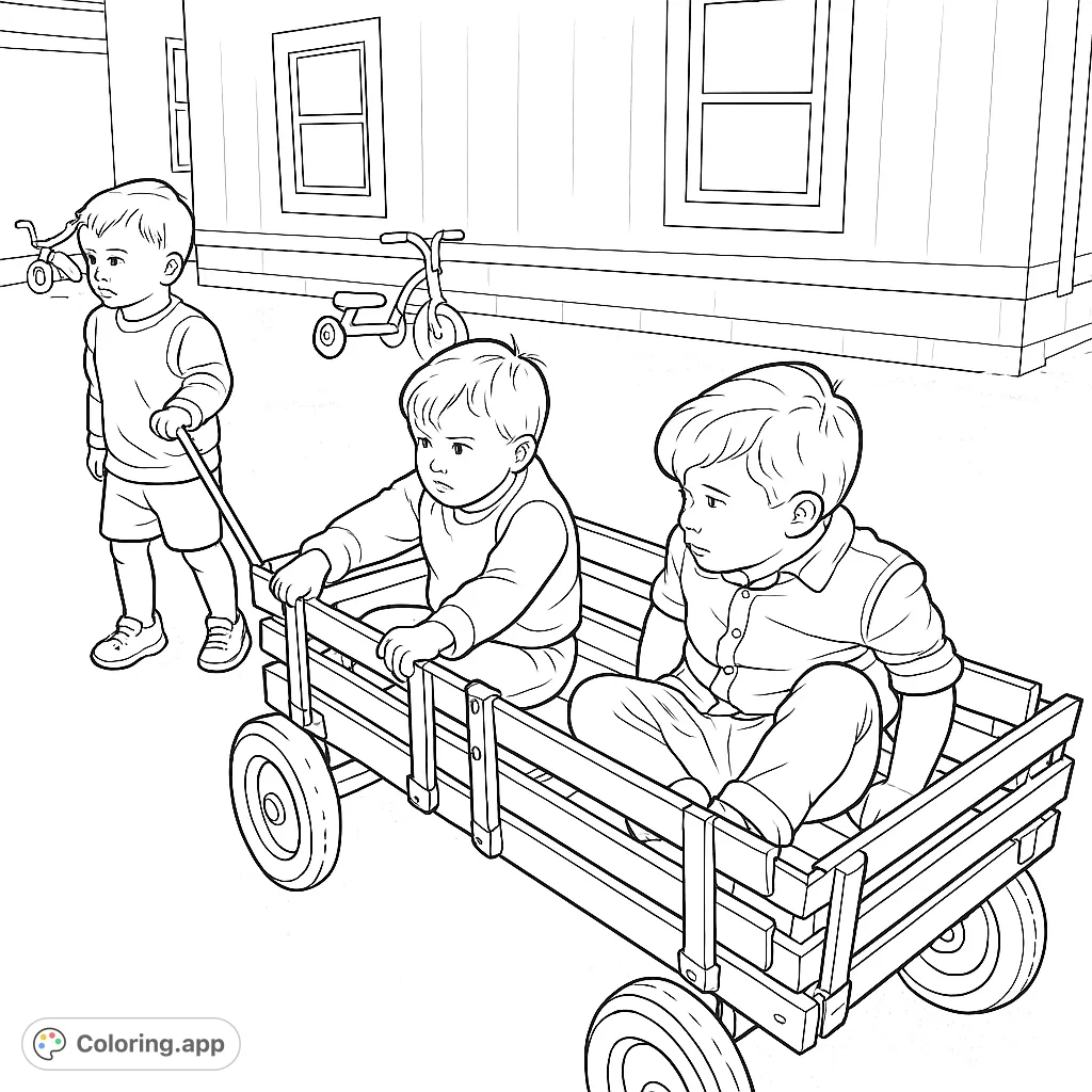Three cheerful boys enjoy an outdoor adventure, with two riding in a classic wagon while another pulls. A delightful scene for young colorists.