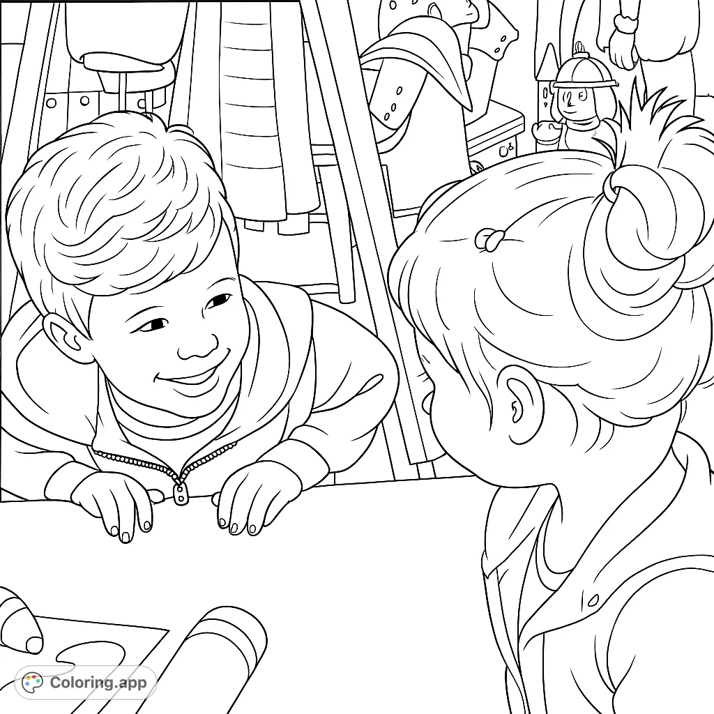 A heartwarming coloring page featuring two curious children leaning over a surface, engaged in a moment of shared discovery. Perfect for young artists to bring to life.