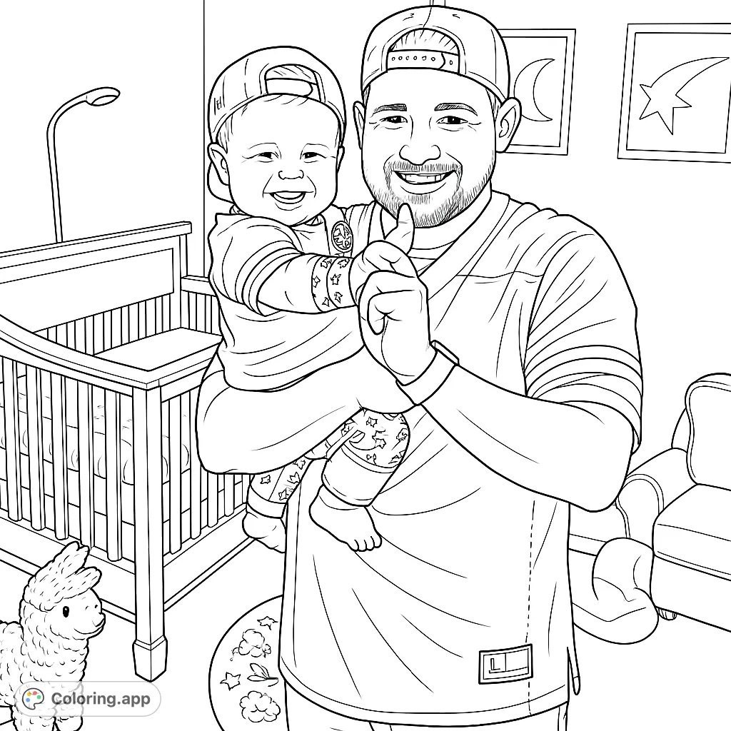 A heartwarming father and son coloring page featuring a smiling dad holding his happy baby in a cozy nursery, perfect for family fun.