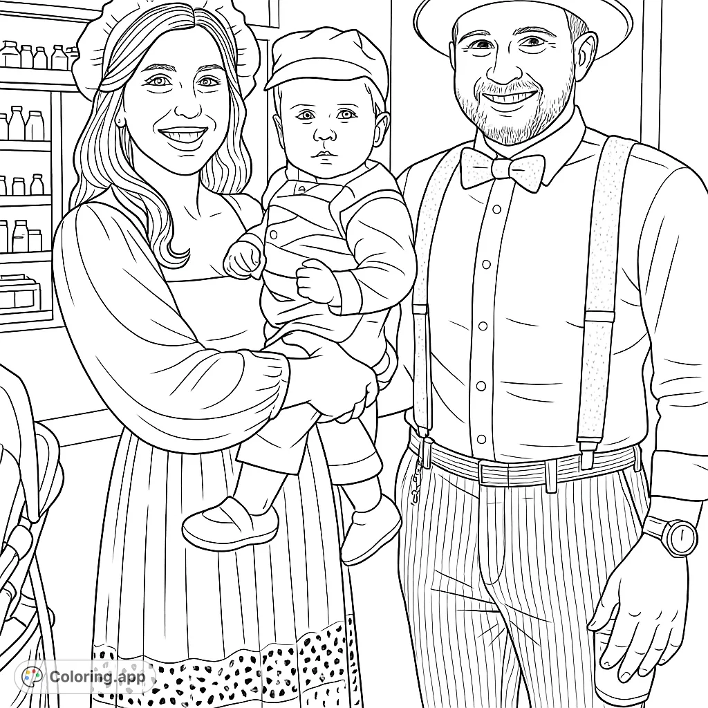 A charming family portrait featuring a woman, man, and baby in festive attire, perfect for a fun coloring page. Celebrate family bonds!