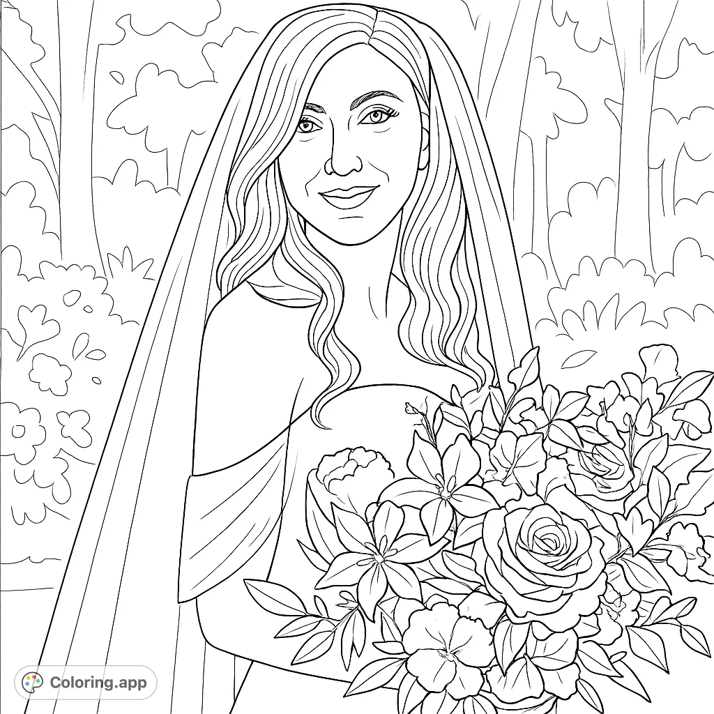 An elegant bride in a strapless gown and flowing veil, holding a beautiful, intricate floral bouquet. Perfect for celebrating special moments.