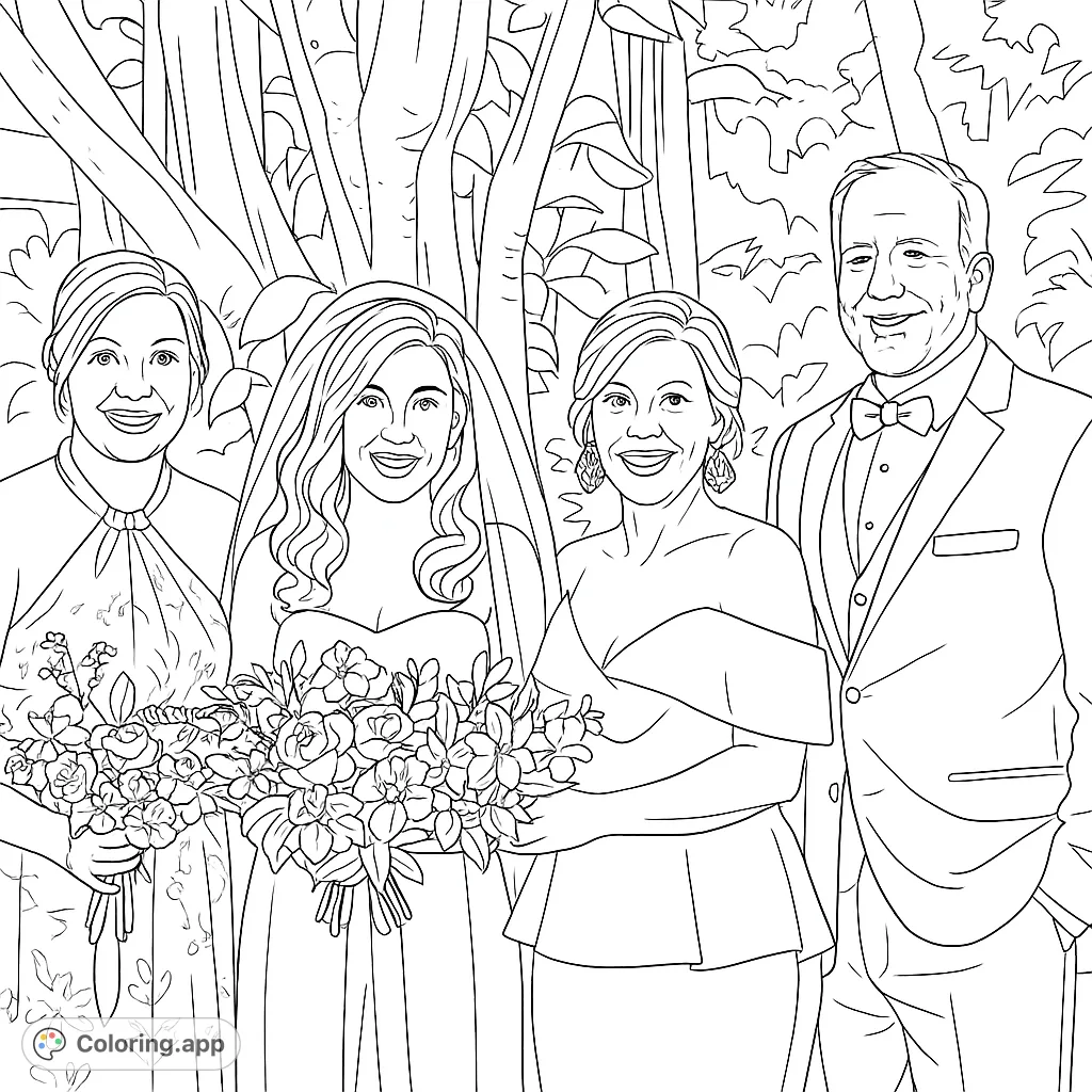 Capture a beautiful family moment with this elegant wedding portrait coloring page. Features a bride, family, and intricate floral bouquets.