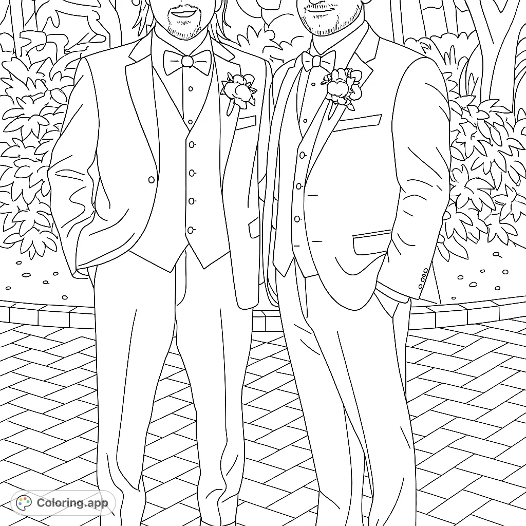 Two figures in classic tuxedos with bow ties and boutonnieres stand on a paved path, set against a backdrop of lush foliage. Perfect for fashion enthusiasts.