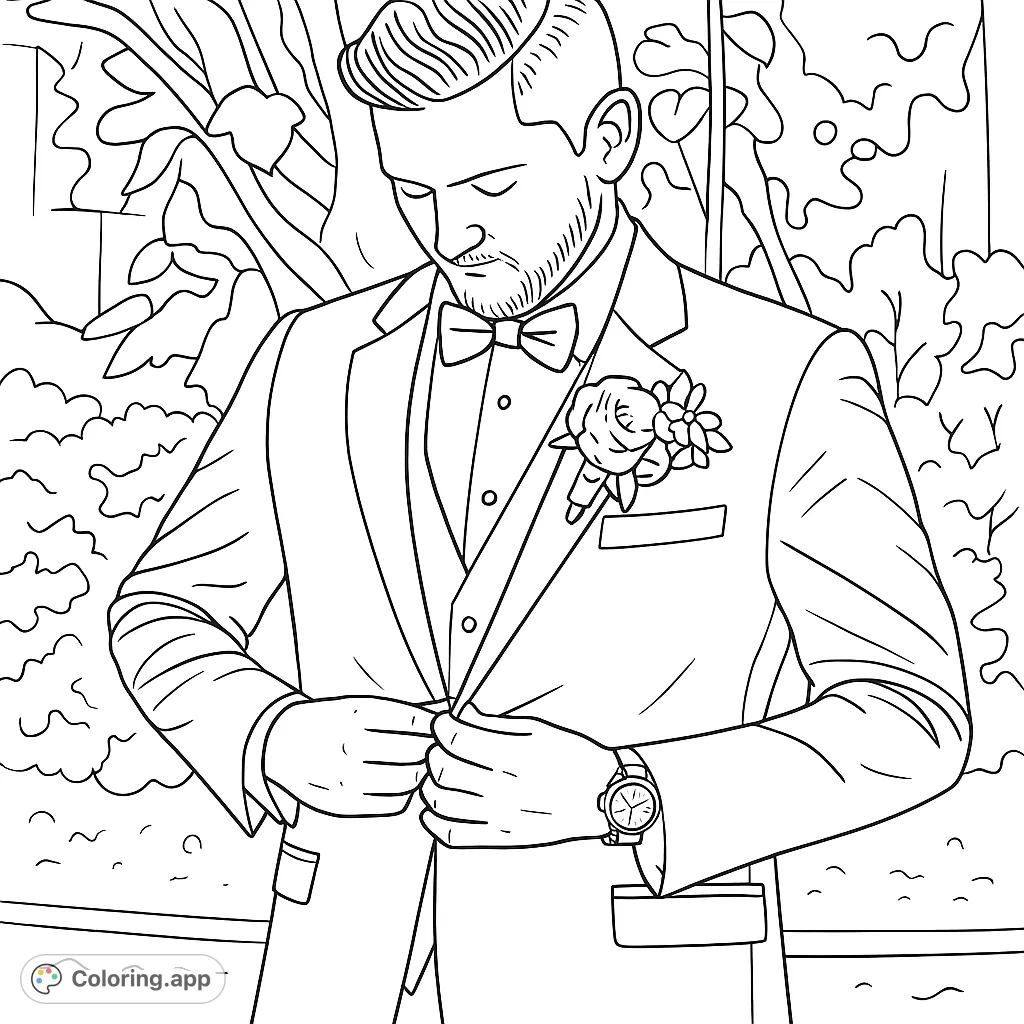 An elegant man in a classic tuxedo, adjusting his jacket, with a detailed boutonniere and a stylish watch. Perfect for celebrating special occasions.