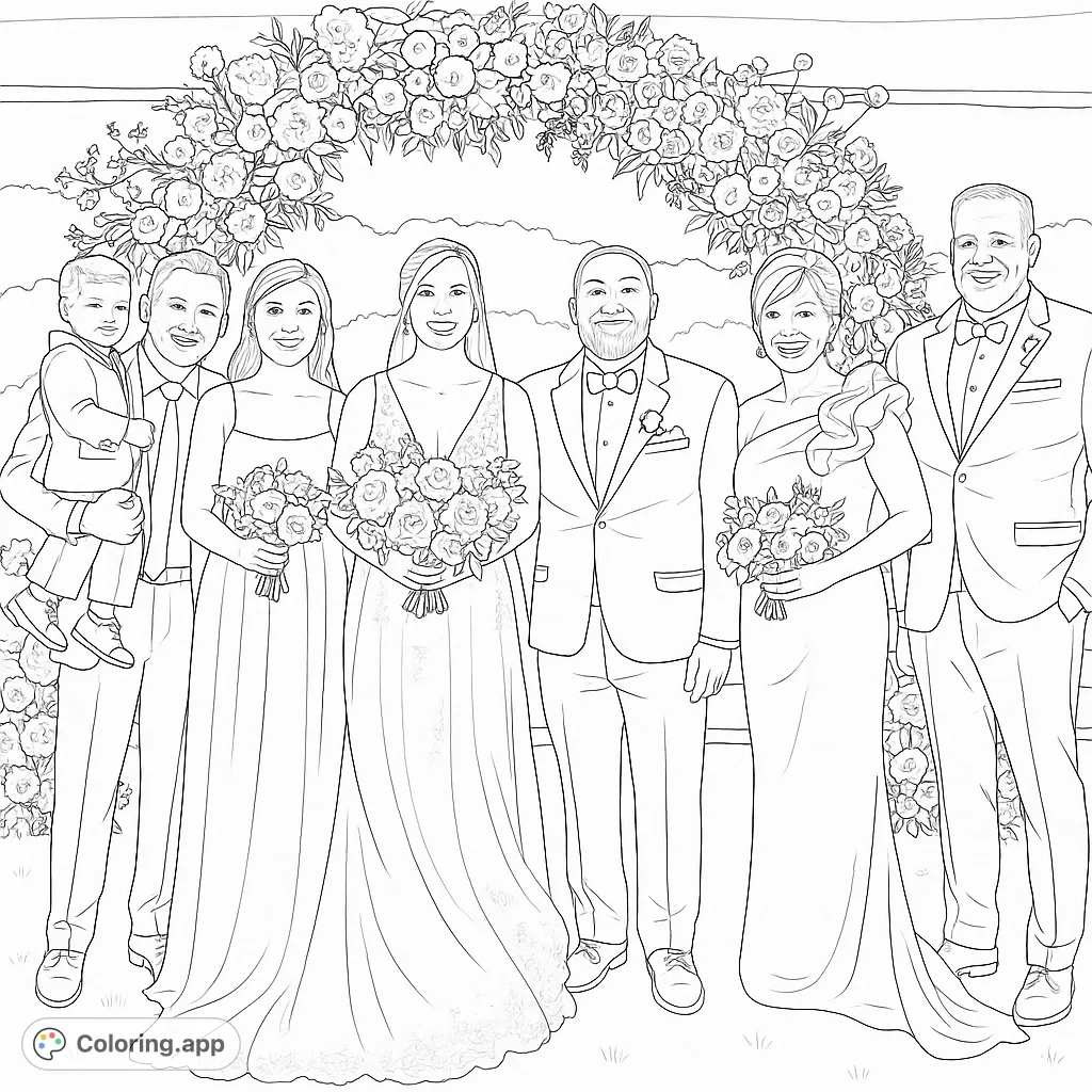 Capture the joy of a wedding celebration with this intricate coloring page featuring a bridal party under a beautiful floral arch. Perfect for adult colorists.