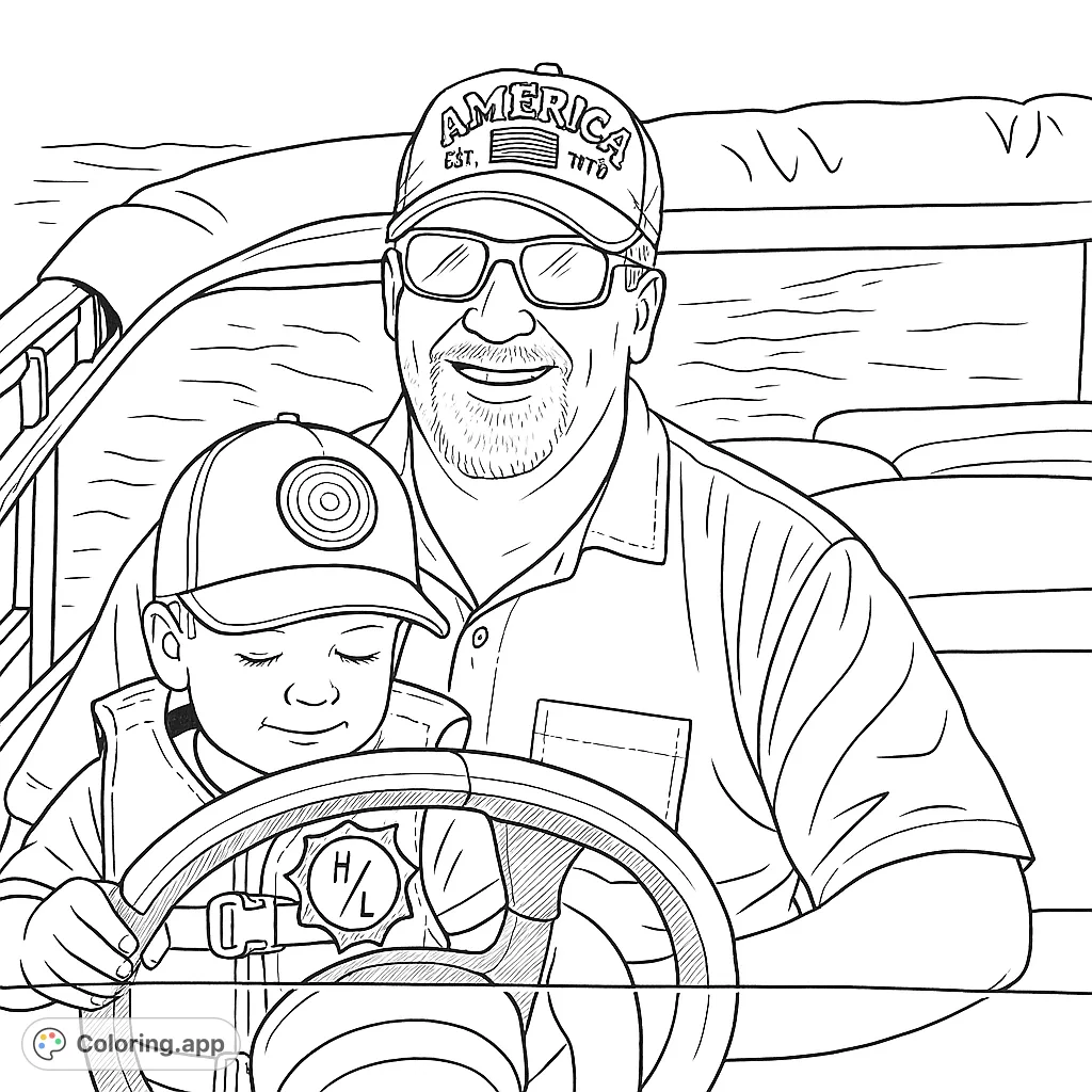 A heartwarming scene of an adult and child enjoying a boat ride, with the child at the helm. Perfect for family fun and creative coloring.