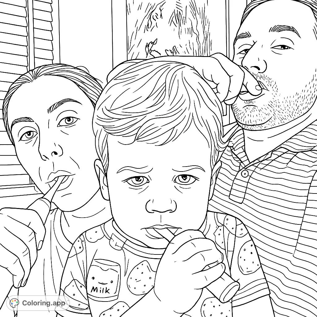 Capture a heartwarming family moment with this brushing teeth coloring page. Perfect for teaching dental hygiene and enjoying a shared activity.