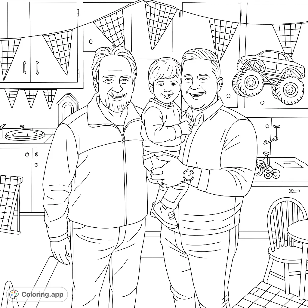 A heartwarming family celebration featuring two adults, a child, and fun monster truck decorations, perfect for a special occasion.