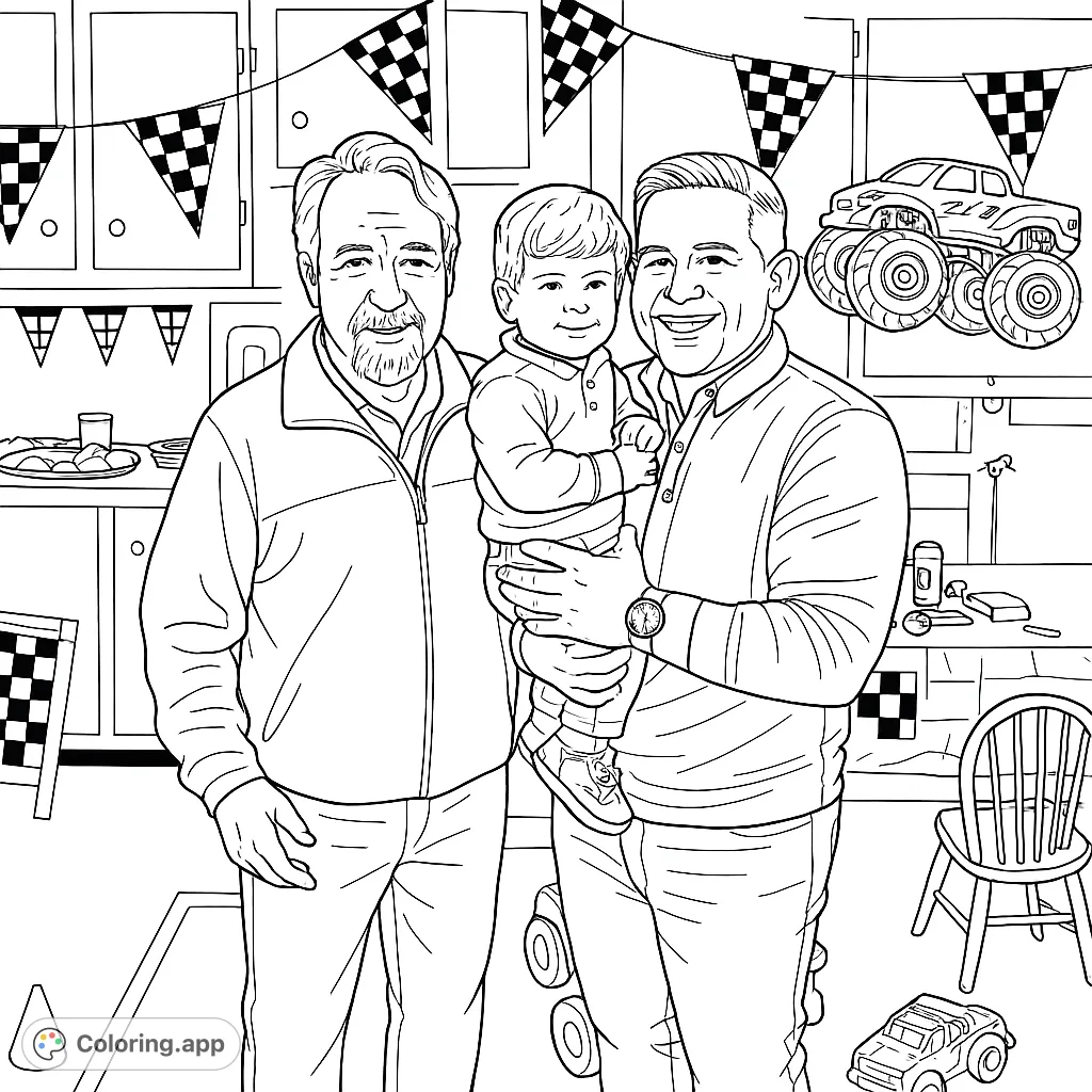 A heartwarming family portrait featuring three generations, surrounded by festive checkered flag decorations and a fun monster truck balloon. Perfect for all ages.