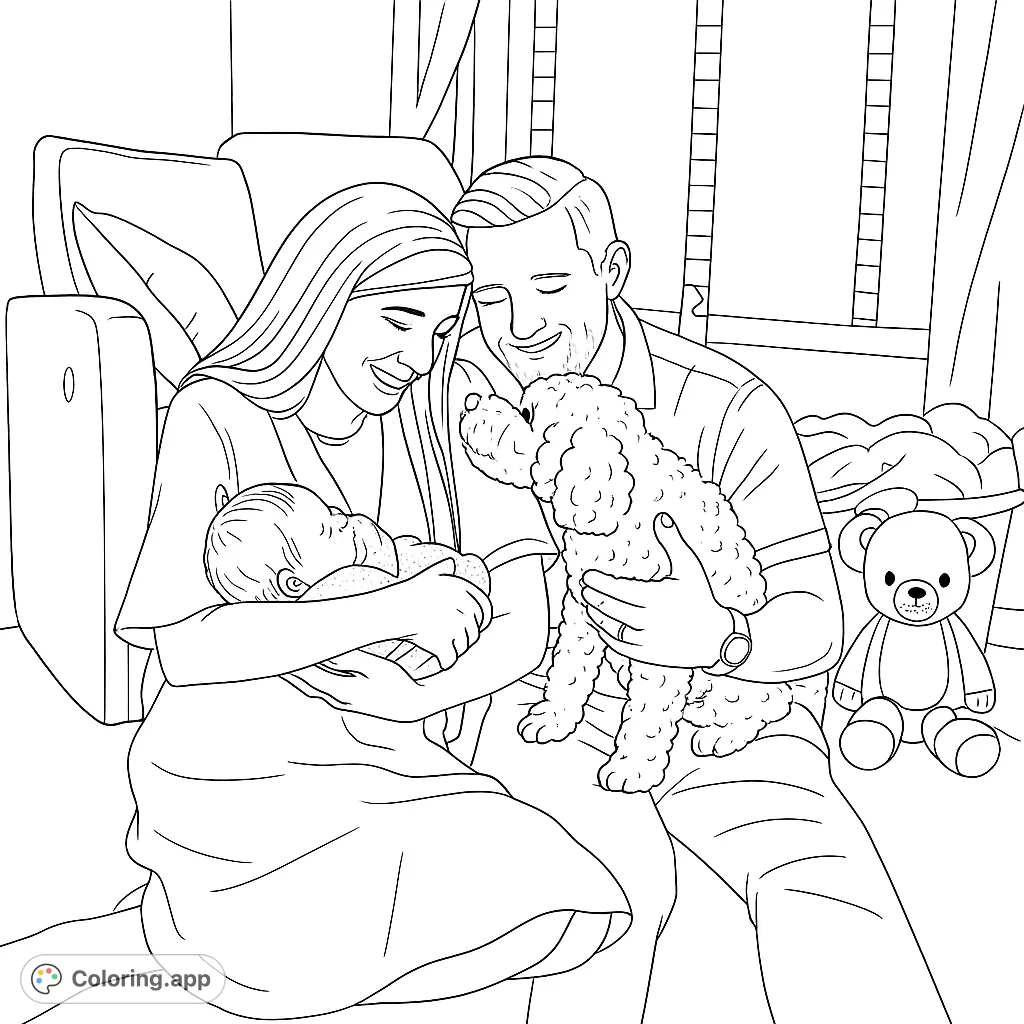 Celebrate new beginnings with this heartwarming family portrait featuring a loving couple, their newborn, and a cherished pet. A beautiful scene to color.
