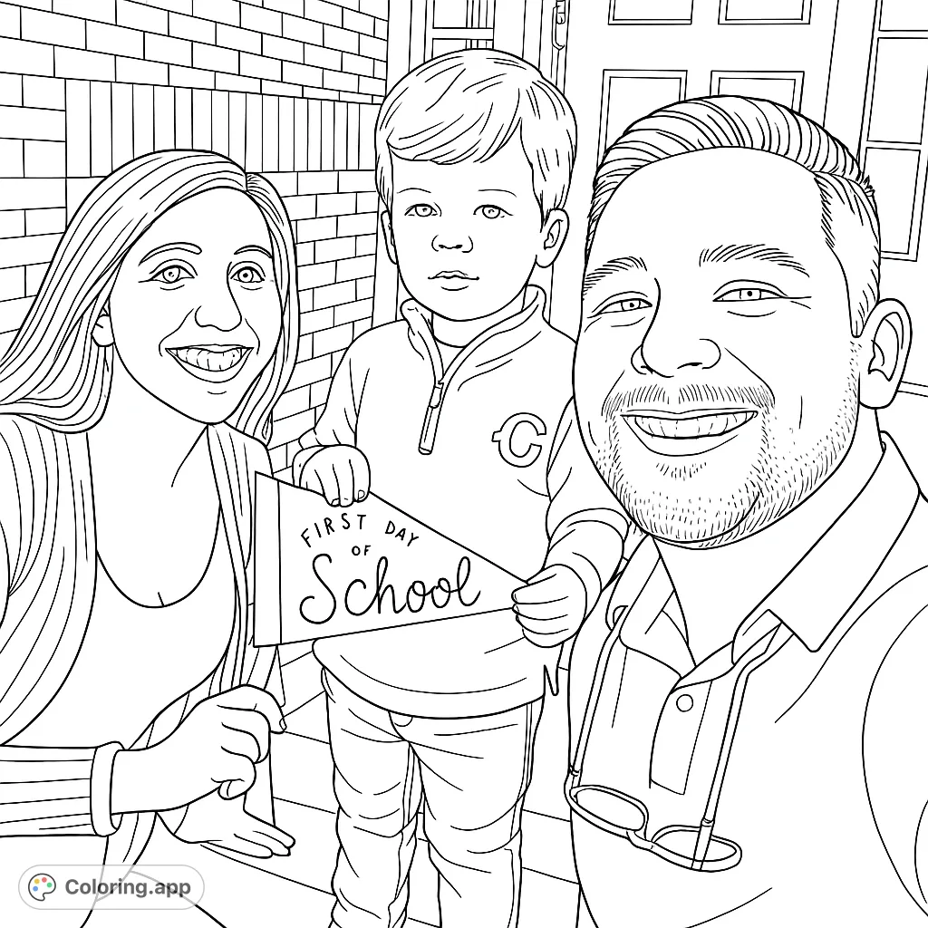 Celebrate a special milestone with this heartwarming family portrait. A child holds a 'First Day of School' pennant, flanked by smiling parents.