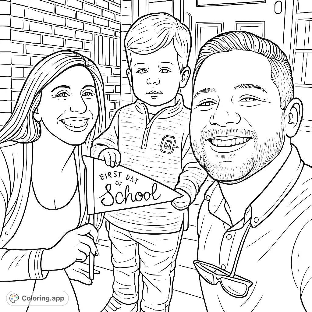 A heartwarming family portrait celebrating the first day of school, featuring a smiling child holding a special flag with parents. Perfect for a memorable coloring activity.
