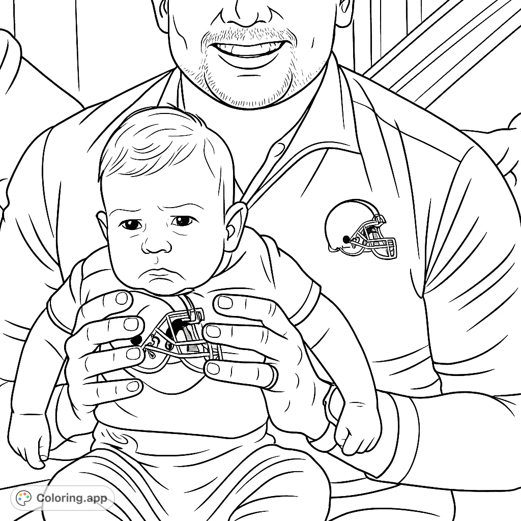 A heartwarming scene featuring an adult holding a baby, both sporting football helmet designs. Perfect for sports fans and family moments.