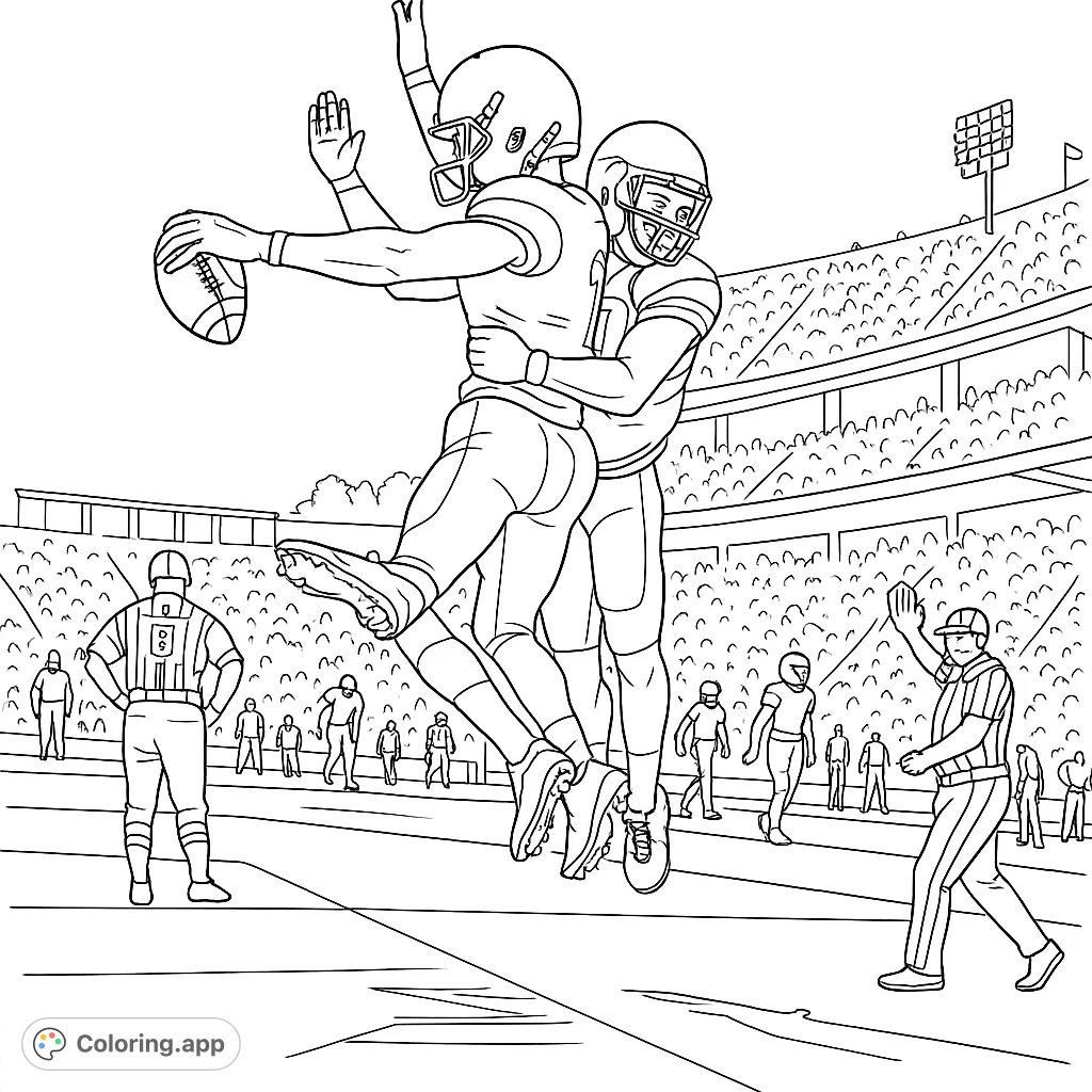 Dynamic football scene with players celebrating a touchdown, surrounded by a stadium and fans. Perfect for sports enthusiasts.