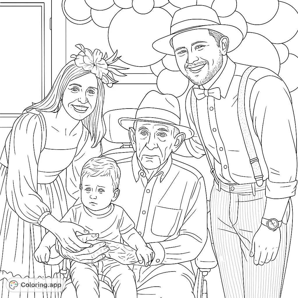 A heartwarming multi-generational family portrait, perfect for celebrating connections. Features a baby, parents, and a grandparent in festive attire with balloons.