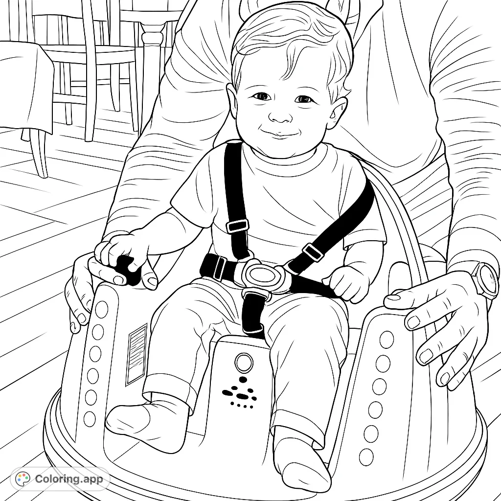A cheerful baby in a fun ride-on toy, with an adult's hands guiding. Perfect for young colorists to bring this joyful scene to life.