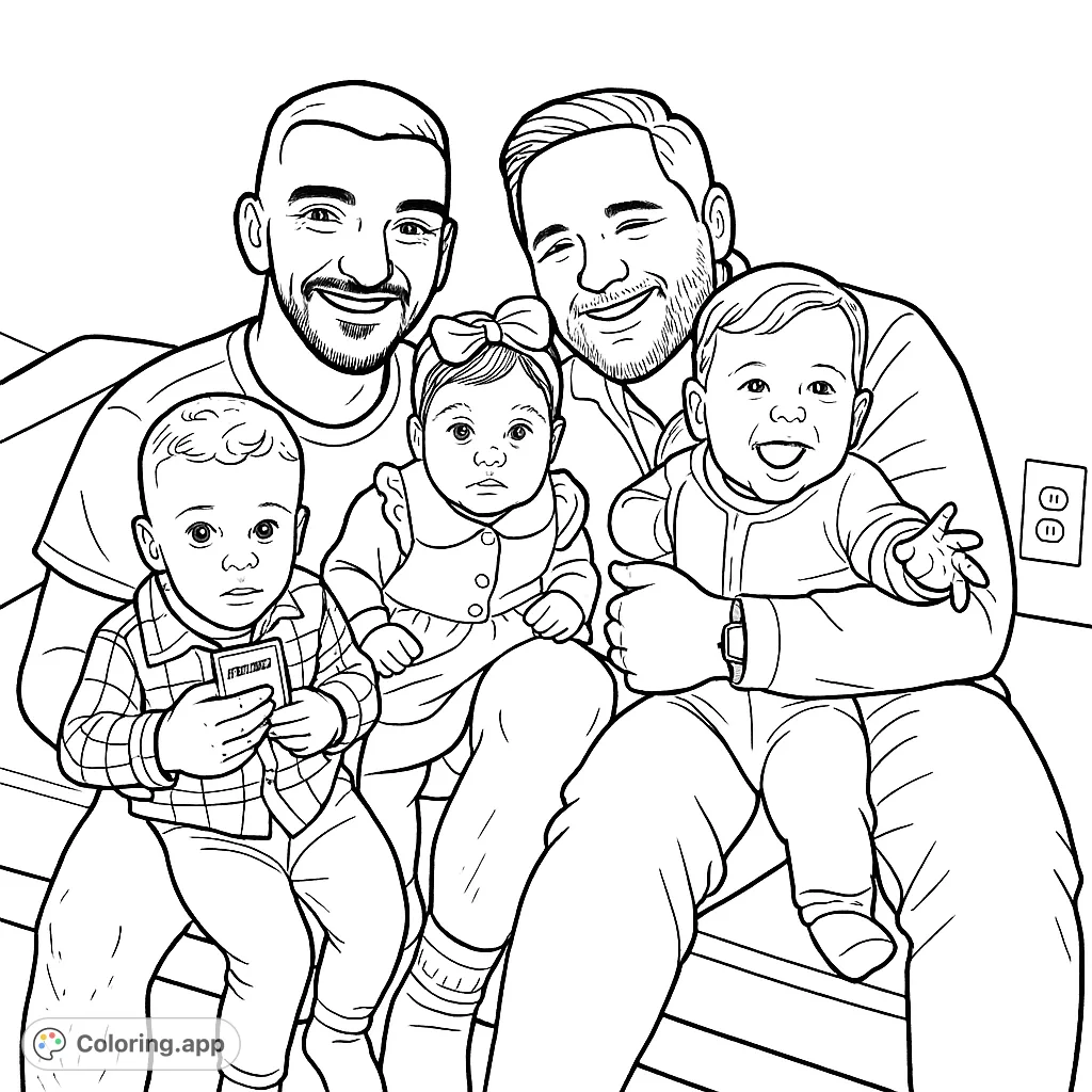 A heartwarming family portrait featuring two adults and three young children, perfect for a joyful coloring experience.