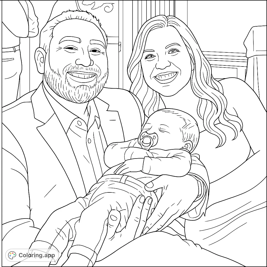 Capture a heartwarming family moment with smiling parents and their sleeping baby. A perfect family coloring page for all ages.