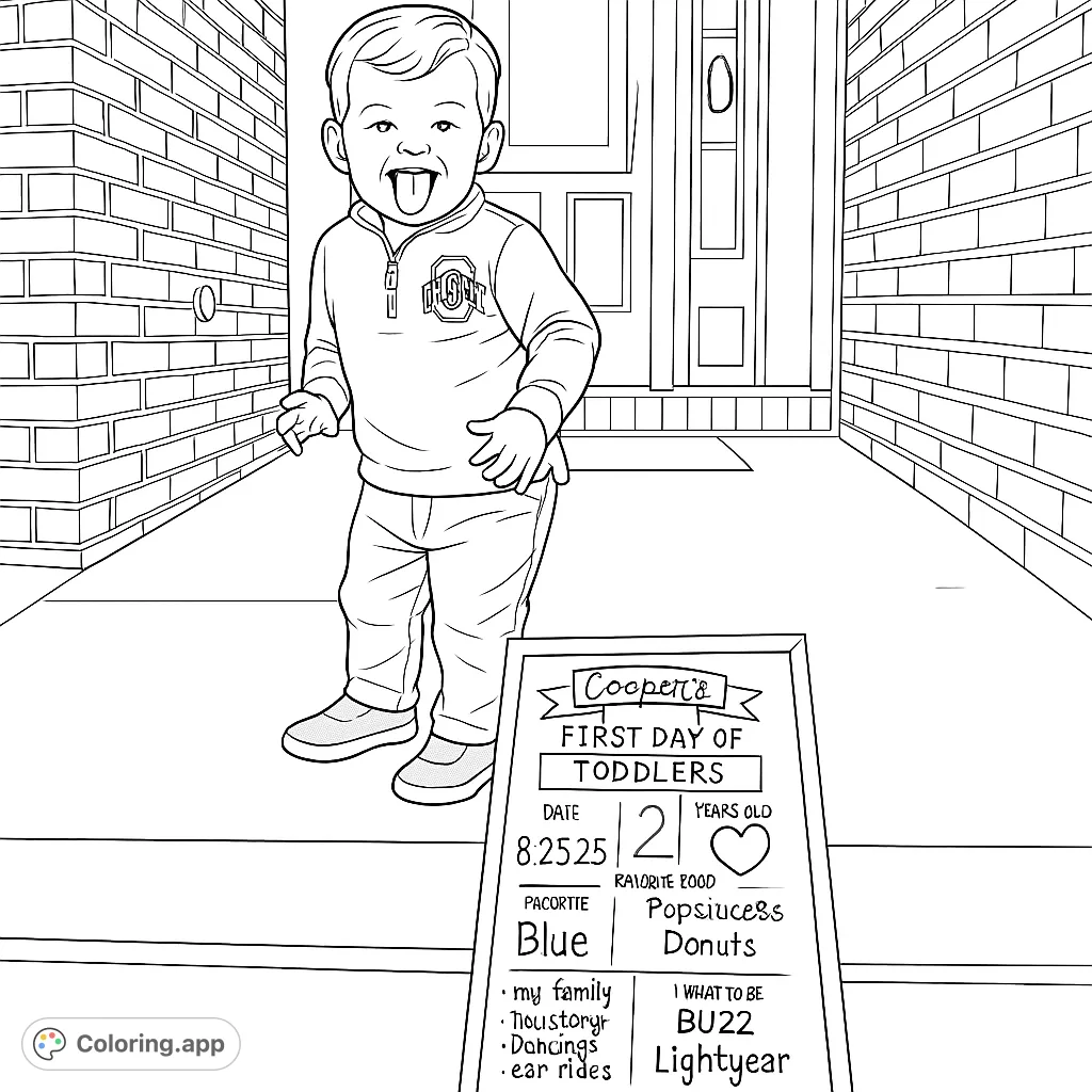 Celebrate a special milestone with this happy toddler on their first day of school, complete with a personalized chalkboard sign. A joyful back-to-school coloring page.