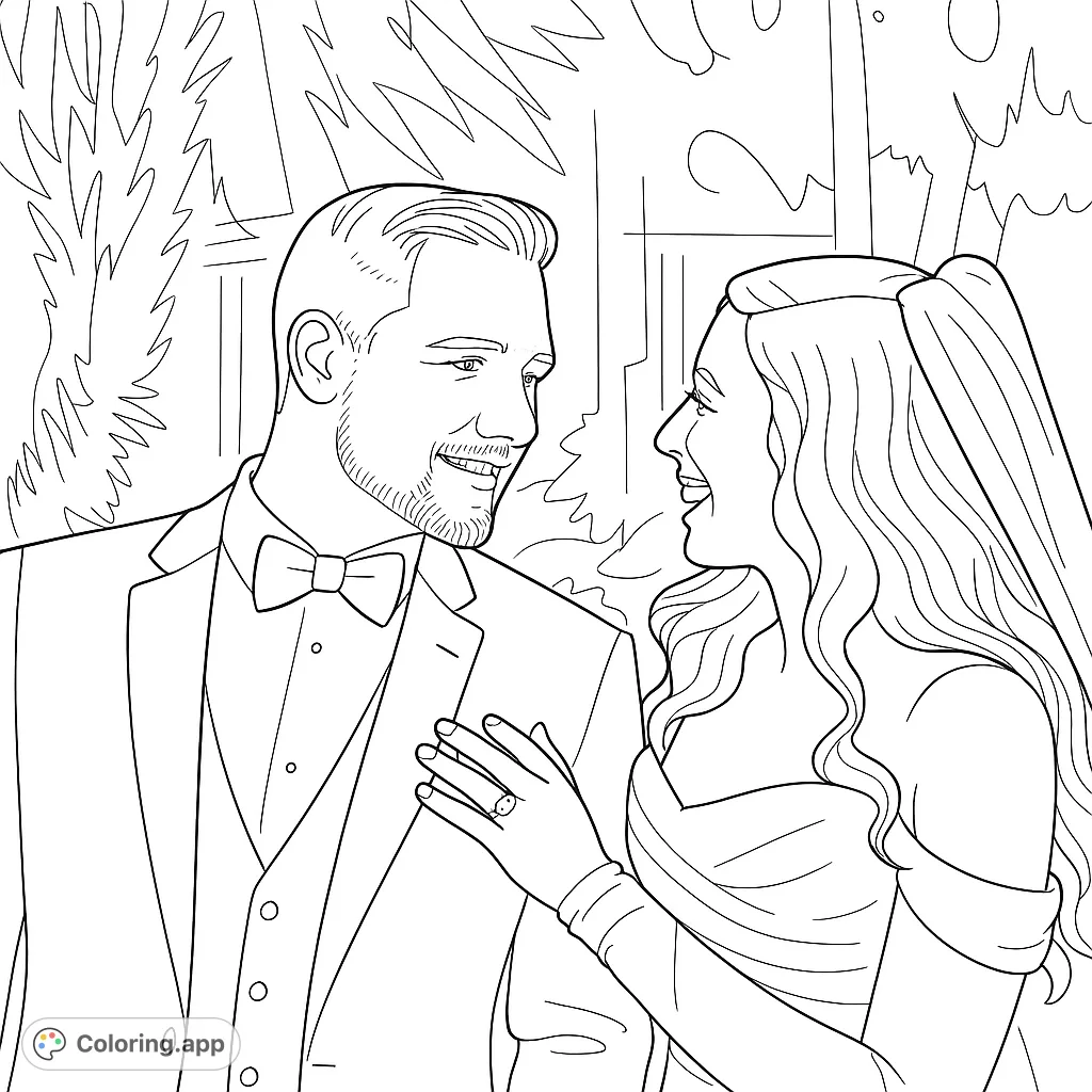 Capture the joy of a wedding day with this beautiful coloring page featuring a happy couple. Perfect for celebrating love and special moments.