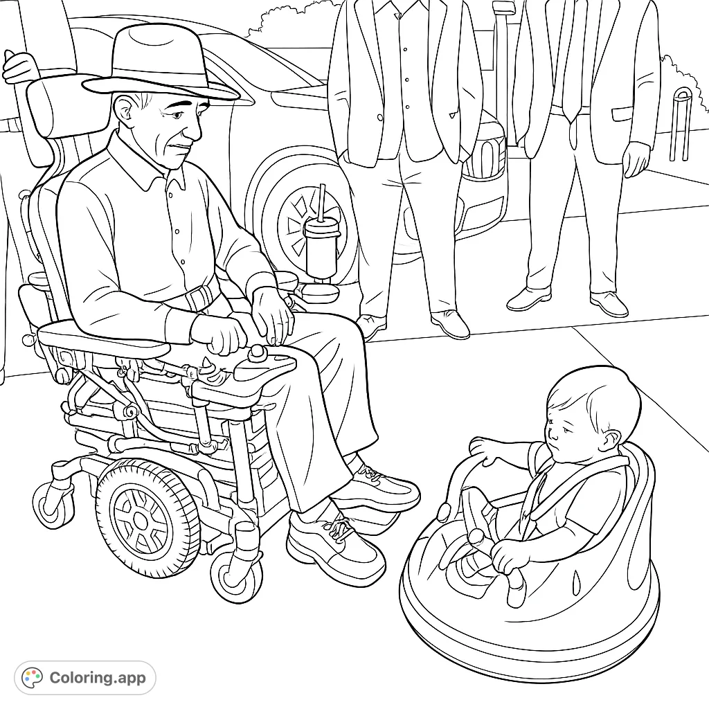 An older man in a wheelchair interacts with a baby in a seat, with other figures and a car in the background. A heartwarming scene of intergenerational connection.