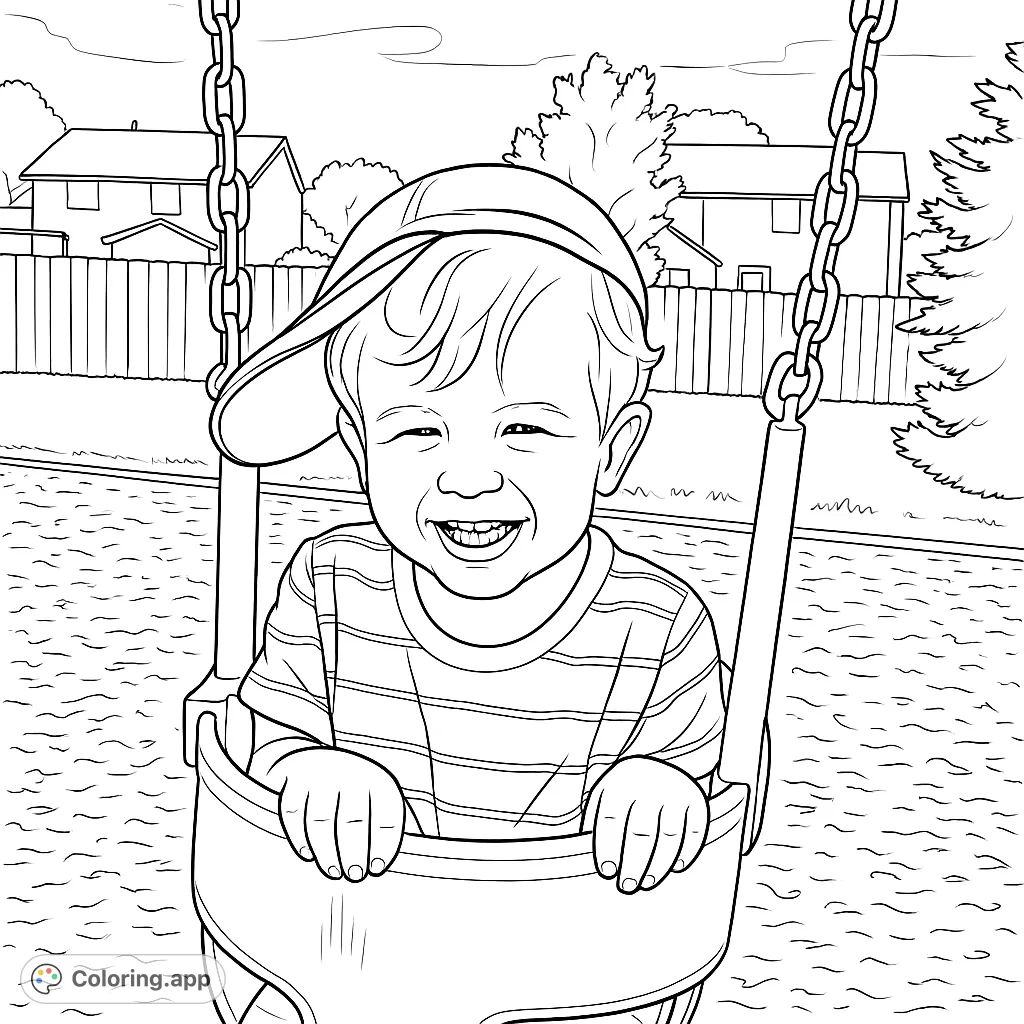 A cheerful child in a playground swing, wearing a cap and striped shirt, with a wide smile. Perfect for a fun coloring activity.