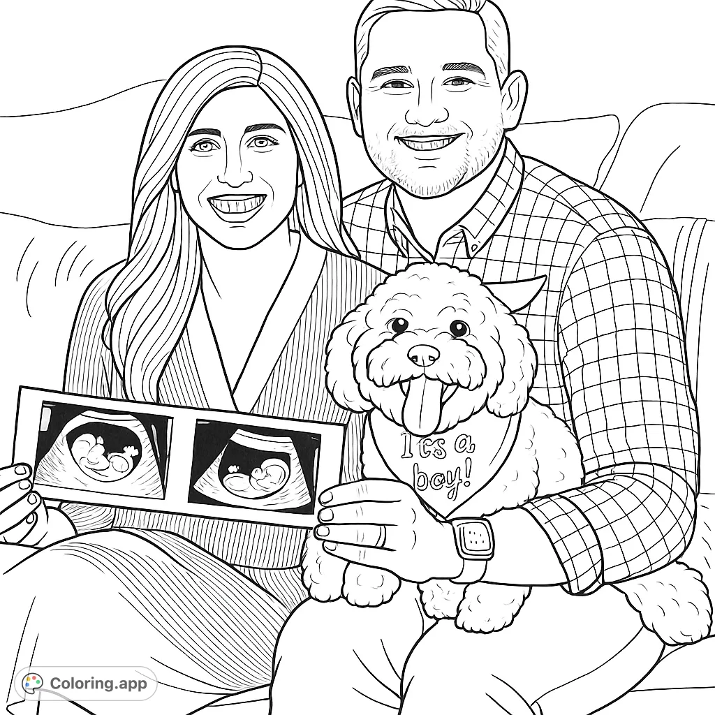 A heartwarming coloring page featuring a smiling couple, their fluffy dog, and ultrasound images, celebrating a special family announcement.