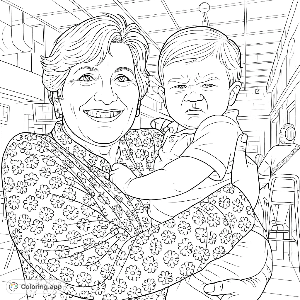 A heartwarming scene of a smiling woman holding a baby with a playful expression. Perfect for family-themed coloring fun.