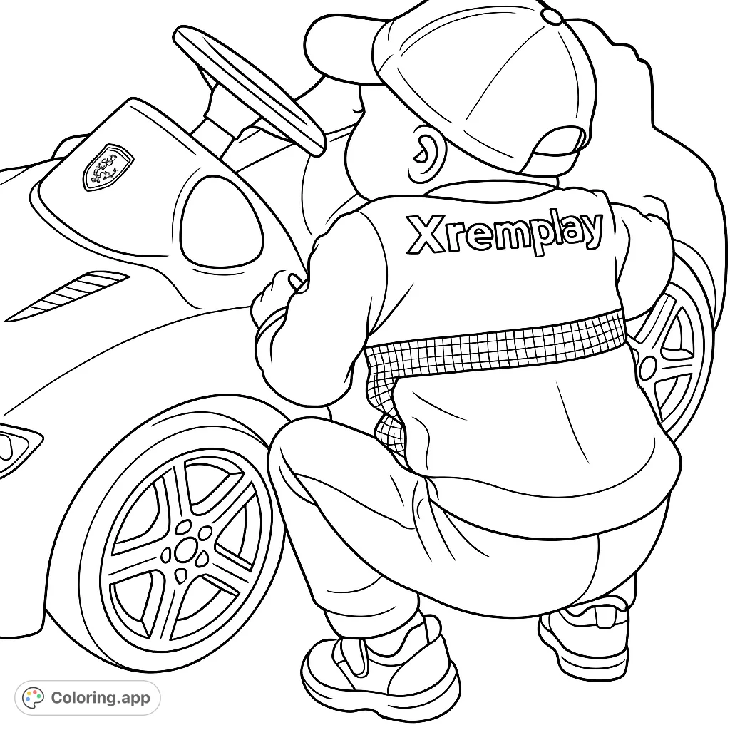 A charming coloring page featuring a child in a cap and jumpsuit, engrossed with a detailed toy car. Perfect for young vehicle enthusiasts and creative minds.