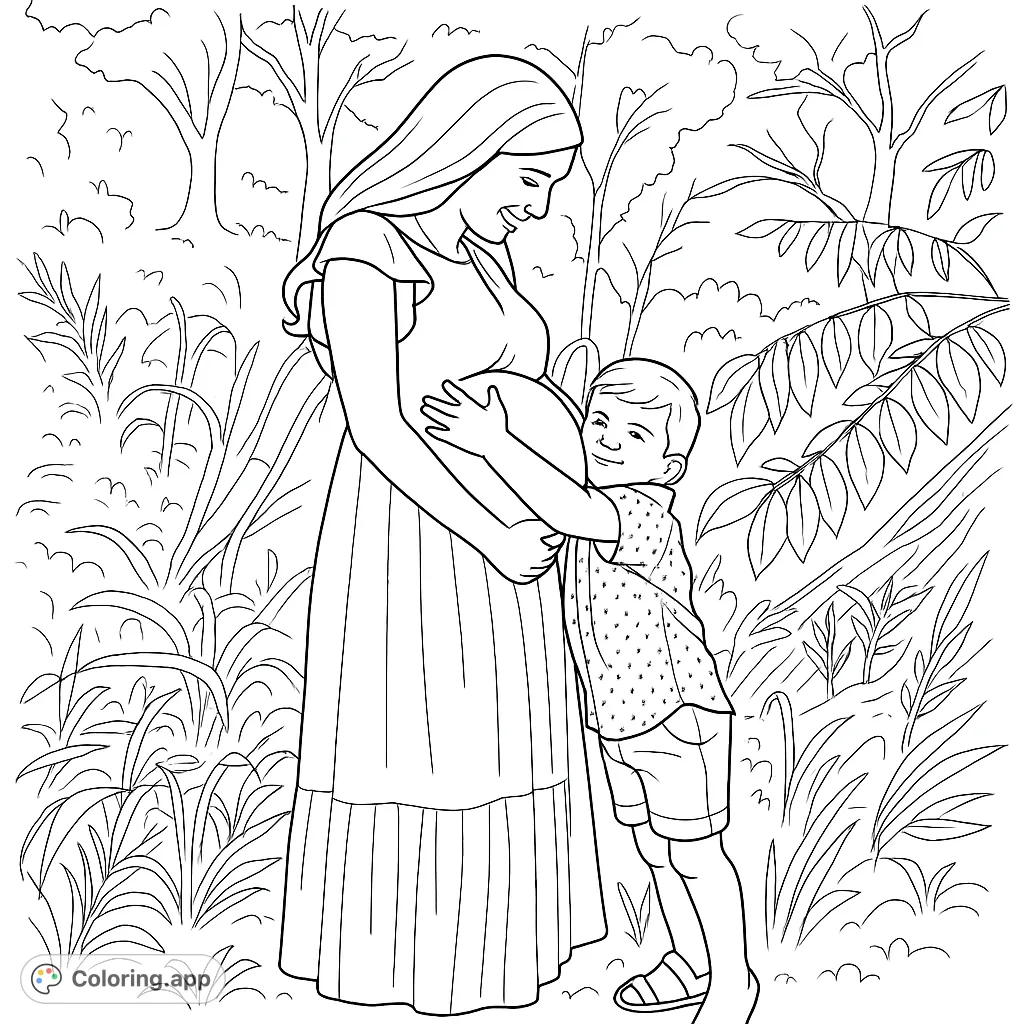 A heartwarming maternity scene featuring a pregnant woman and her child embracing amidst lush natural surroundings. Perfect for celebrating family bonds.