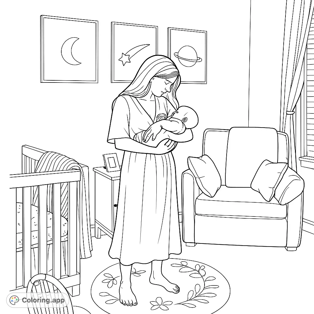 A heartwarming nursery scene featuring a mother cradling her newborn baby, surrounded by gentle decor. Perfect for celebrating new life and family bonds.