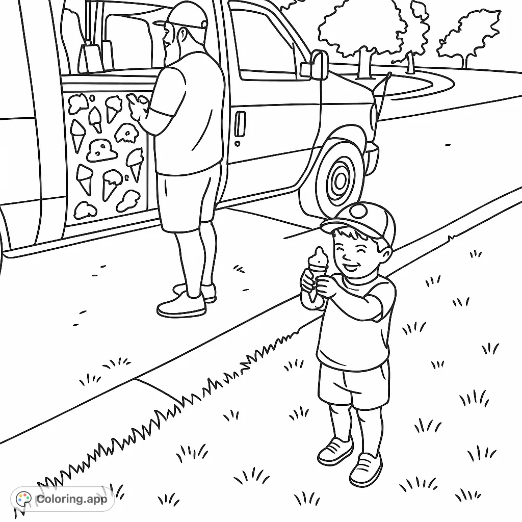 A delightful scene of a man and a child by a van, enjoying a moment outdoors. Perfect for a relaxing coloring experience.