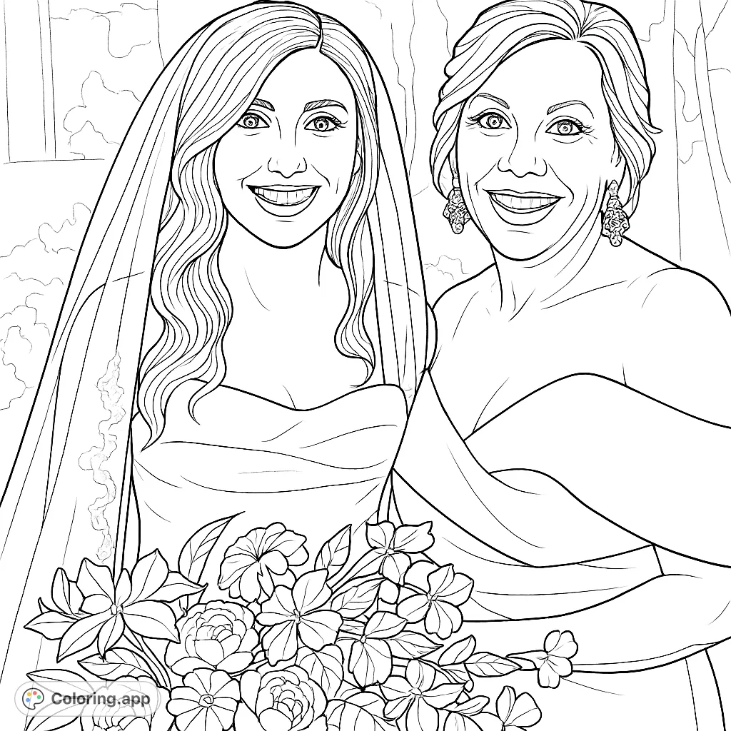 Celebrate a special bond with this elegant wedding portrait coloring page. Features a bride and her mother, intricate attire, and a beautiful floral bouquet.