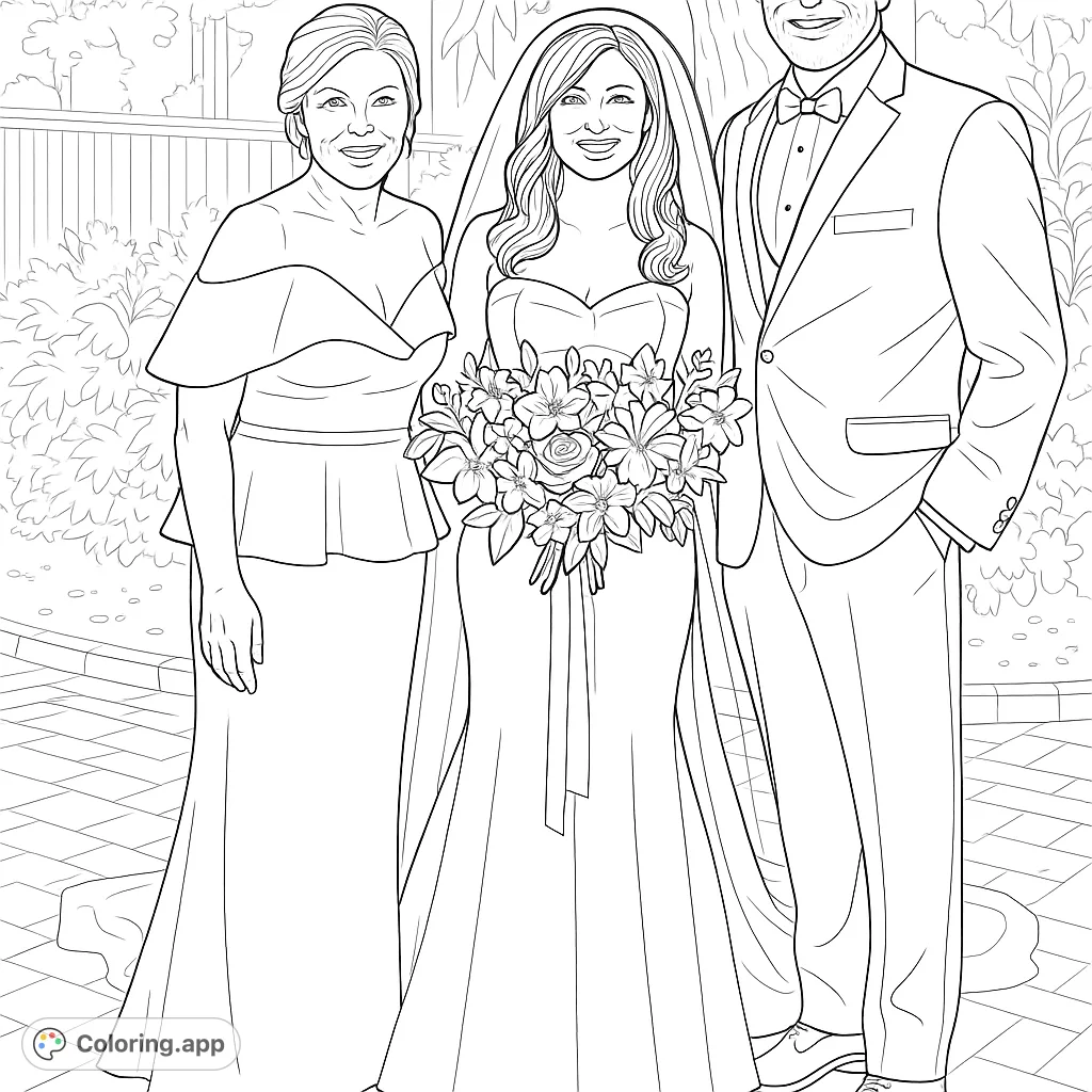Capture a beautiful family moment on a special day. This wedding celebration coloring page features a bride, her mother, and father in a serene garden setting.