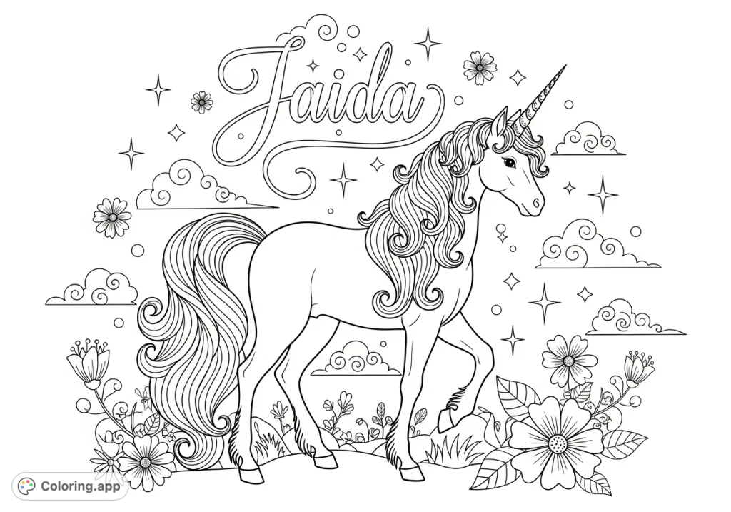 A magical unicorn coloring page featuring a majestic unicorn with a flowing mane and tail, surrounded by stars and flowers, with the name "Jaida" elegantly displayed.