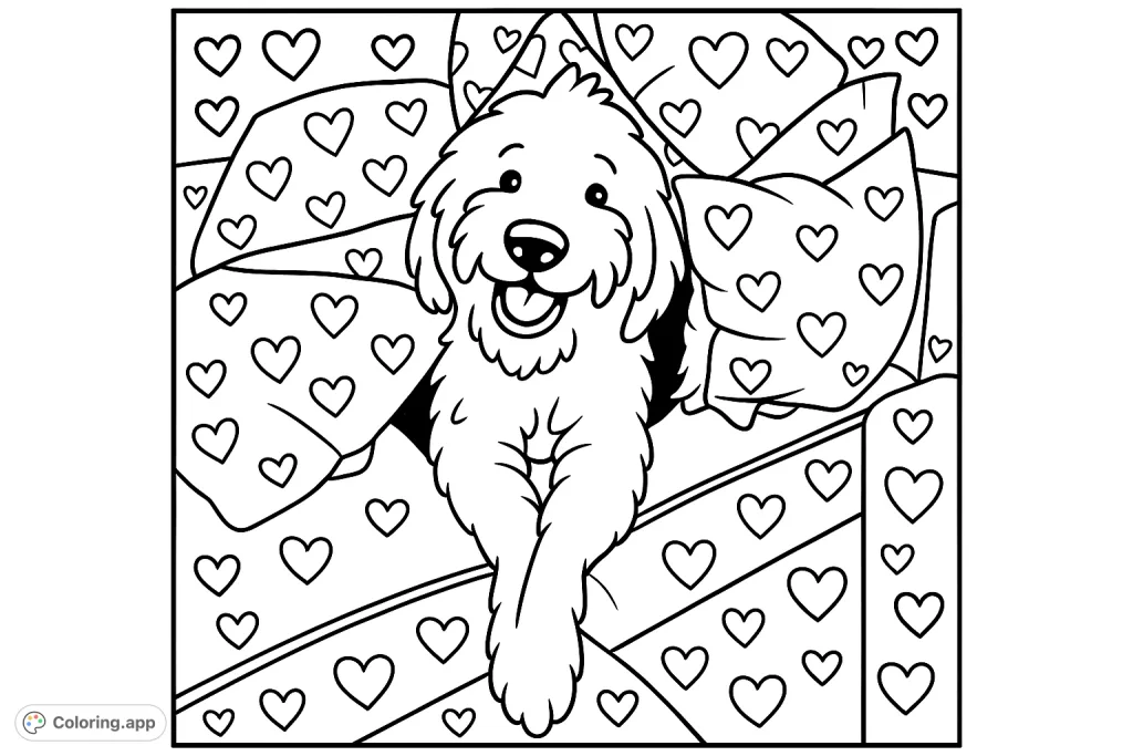 A cartoony, fluffy dog happily nestled among soft pillows on a couch, ready for a cozy coloring adventure with added heart patterns. Perfect for kids!