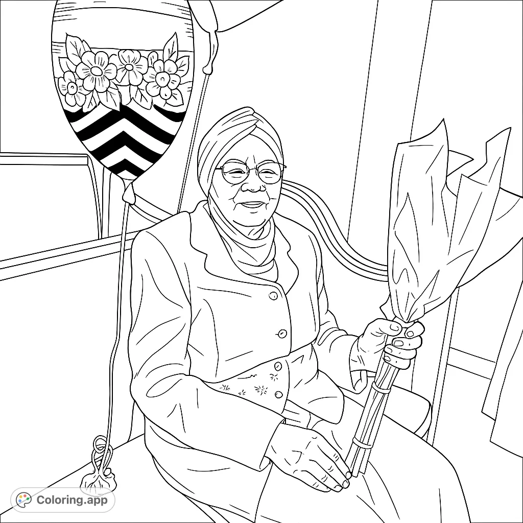A heartwarming coloring page featuring an elderly woman holding a bouquet, surrounded by celebratory balloons. Perfect for honoring loved ones and special moments.