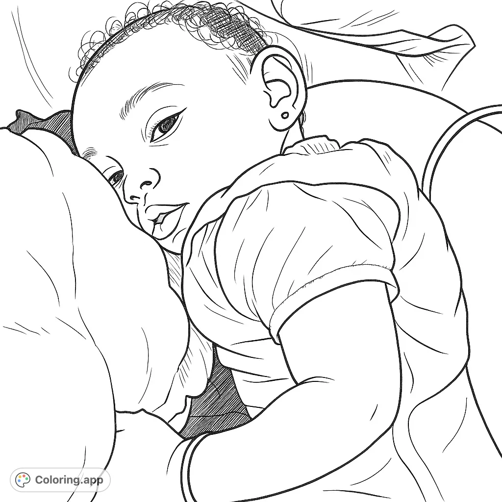 A heartwarming coloring page featuring a baby sleeping soundly, nestled in soft blankets. Perfect for relaxation and celebrating new life.