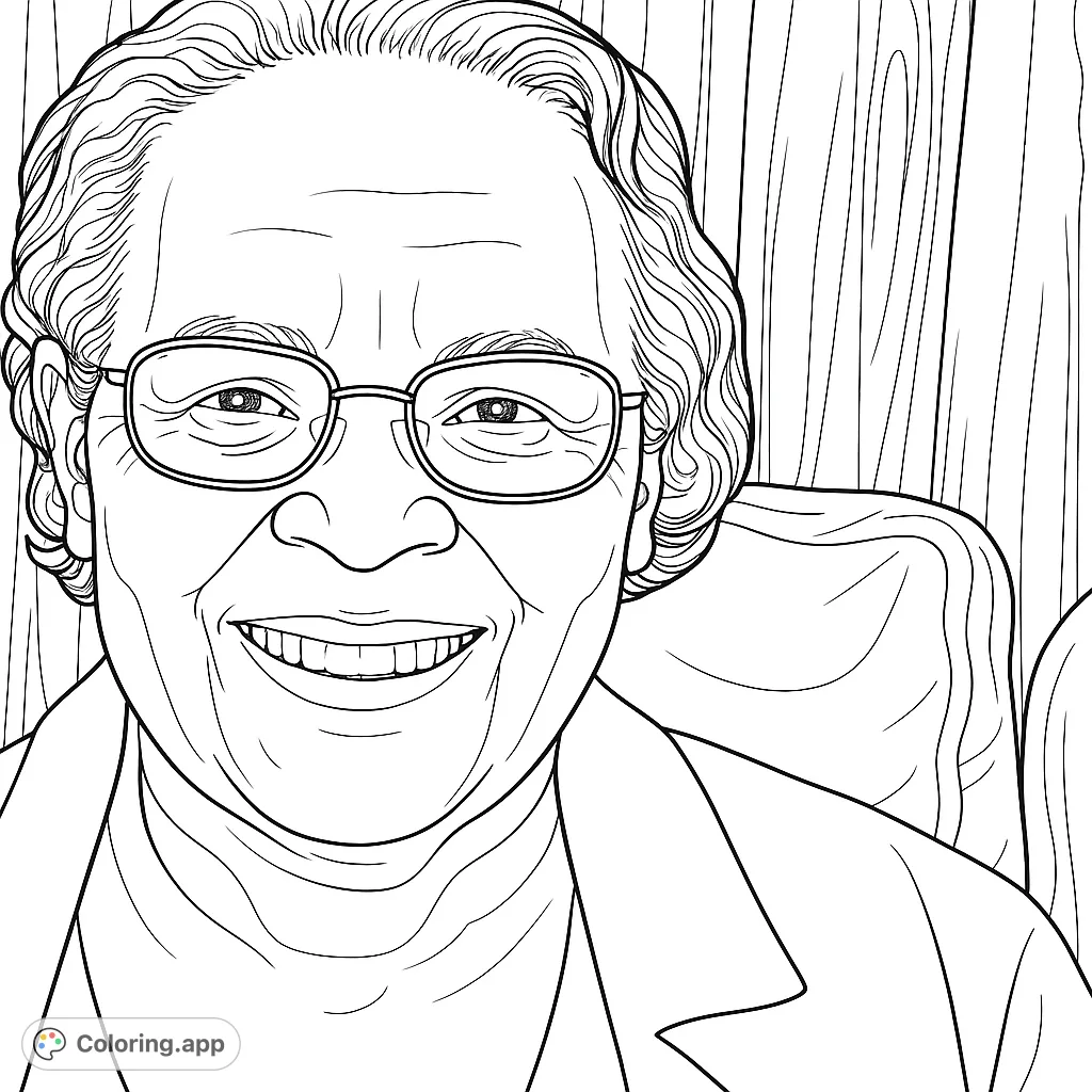 A heartwarming portrait of an elder woman with a joyful smile and glasses, perfect for a relaxing coloring experience.