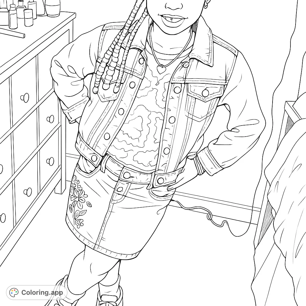 A trendy youth in a denim jacket and skirt, with beaded braids, ready for a creative coloring adventure. Perfect for fashion enthusiasts!