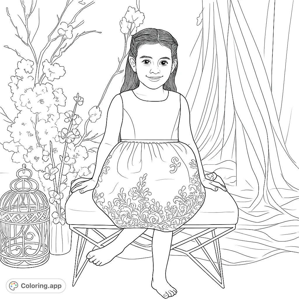 A charming girl in a patterned dress sits amidst delicate blossoms and flowing drapes. A delightful scene for creative coloring, perfect for all ages.