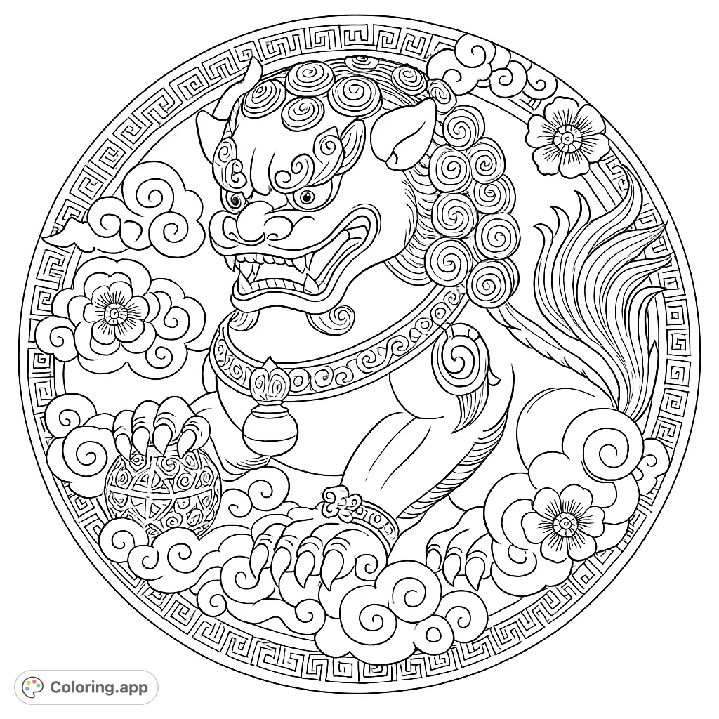An intricate Foo Dog coloring page featuring a majestic guardian lion, ornate patterns, swirling clouds, and floral motifs within a detailed circular frame.