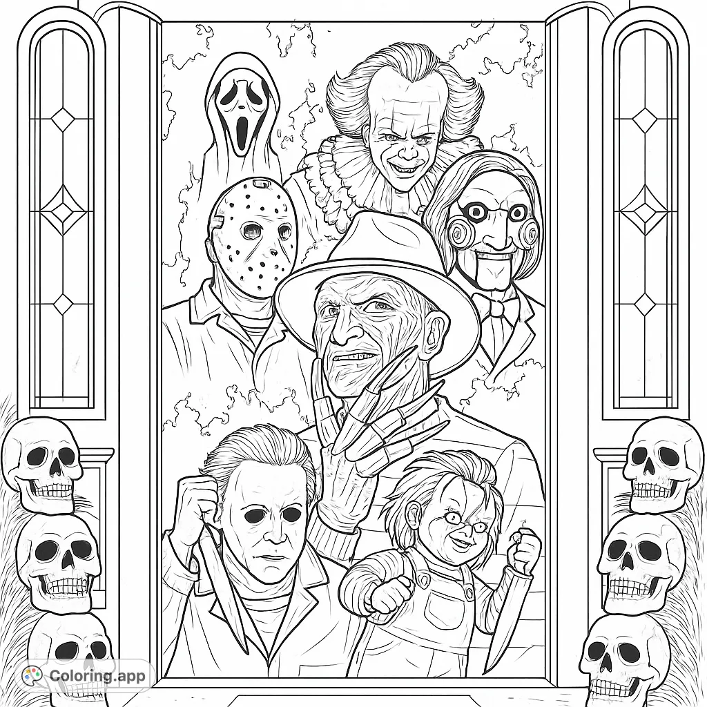 An assembly of iconic horror movie villains, including Freddy, Jason, Pennywise, and more, ready for a terrifying coloring adventure.