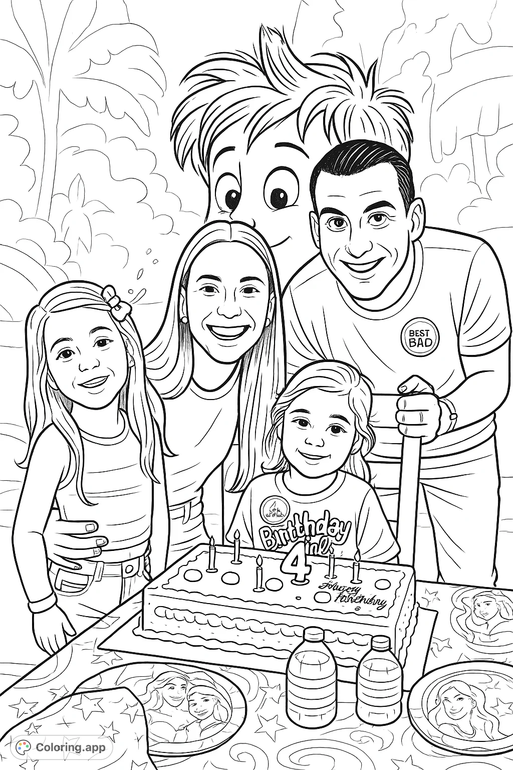 Celebrate a special day with this family birthday scene coloring page! Features a happy family, a festive cake, and party decorations, perfect for all ages.