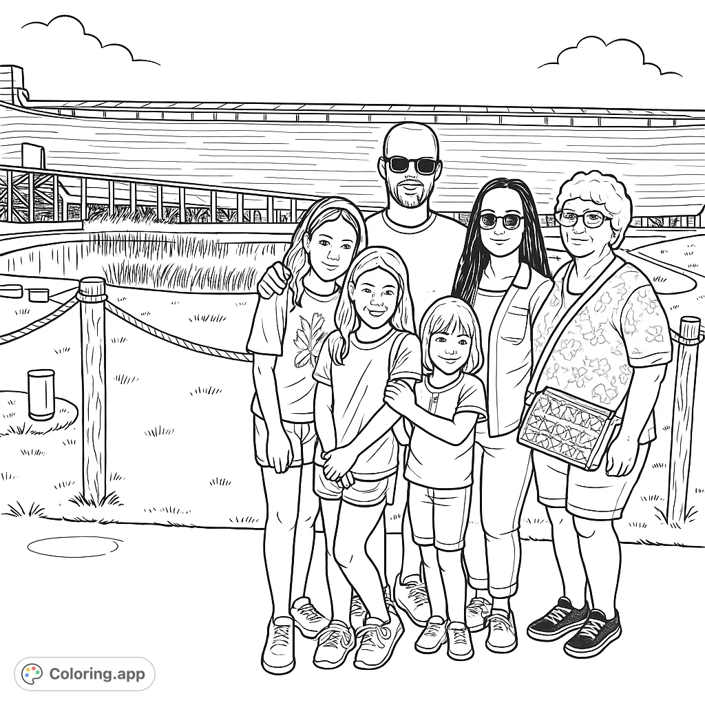 A happy family of six poses before a grand ark structure, surrounded by a pond and grassy landscape. A unique family adventure coloring page.