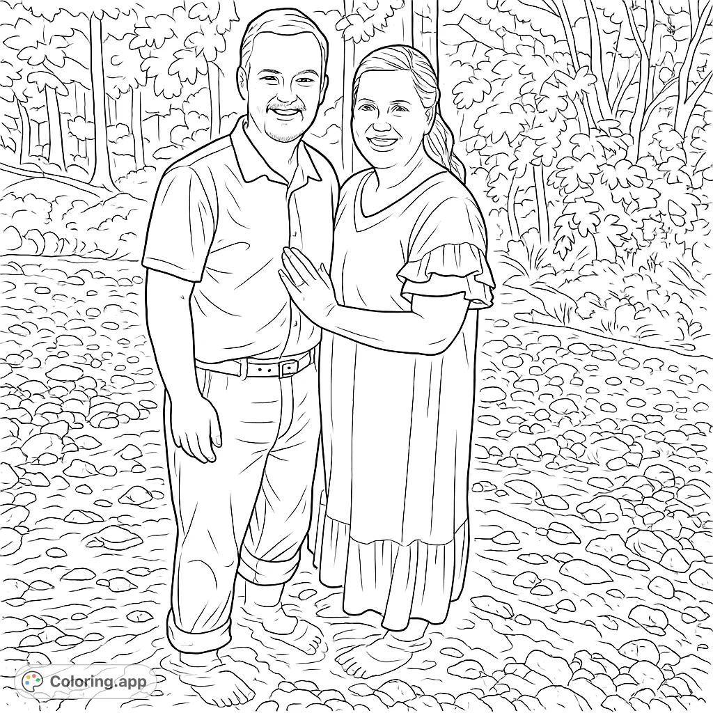 A heartwarming coloring page featuring a smiling couple standing in a serene forest stream, surrounded by nature's beauty. Perfect for celebrating love and tranquility.