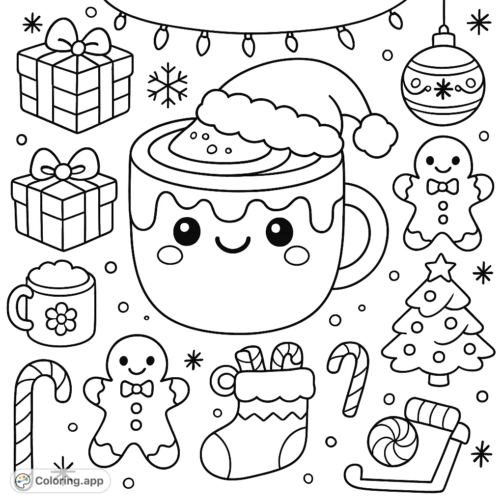 A delightful collection of cute holiday items, including a smiling hot cocoa mug, gingerbread figures, gifts, and festive decorations, perfect for seasonal coloring fun.