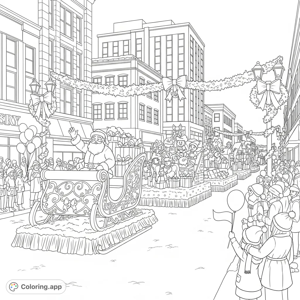 Experience the magic of a Santa Claus parade in downtown Sudbury! This festive coloring page features Santa, elaborate floats, and cheerful crowds.